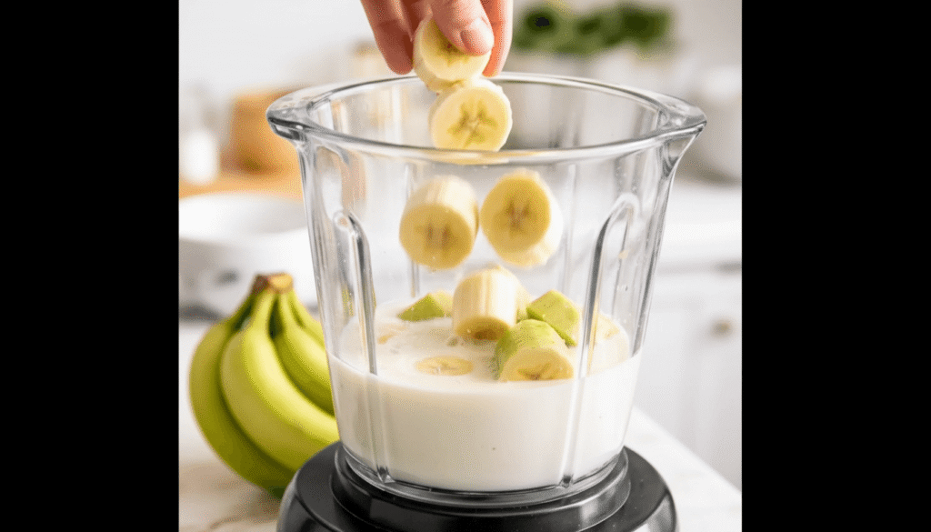 blending green banana mixture in blender
