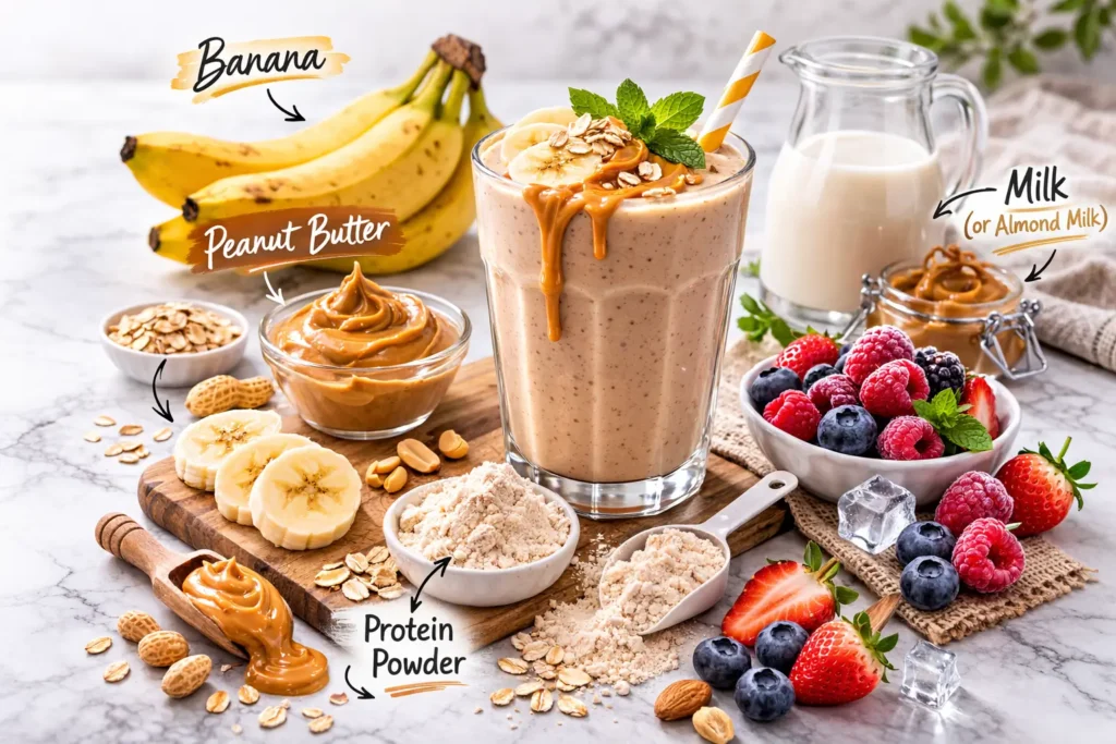 Dude Perfect smoothie recipe with banana peanut butter and protein powder on white marble countertop