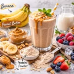 Dude Perfect smoothie recipe with banana peanut butter and protein powder on white marble countertop