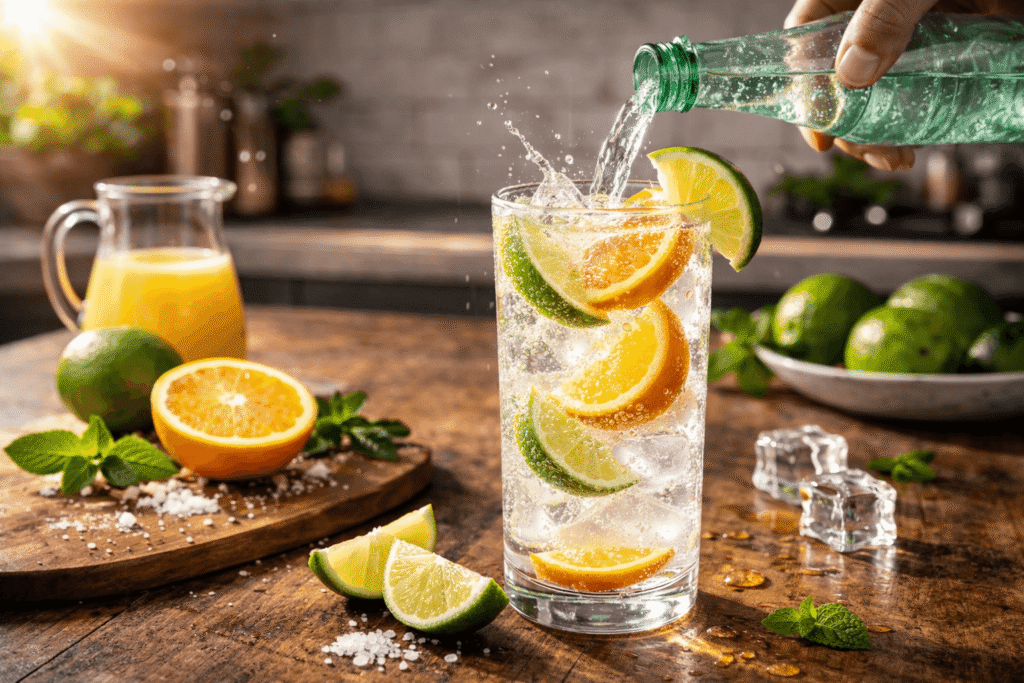 non alcoholic ranch water mocktail being poured into glass with lime orange slices and sparkling mineral water