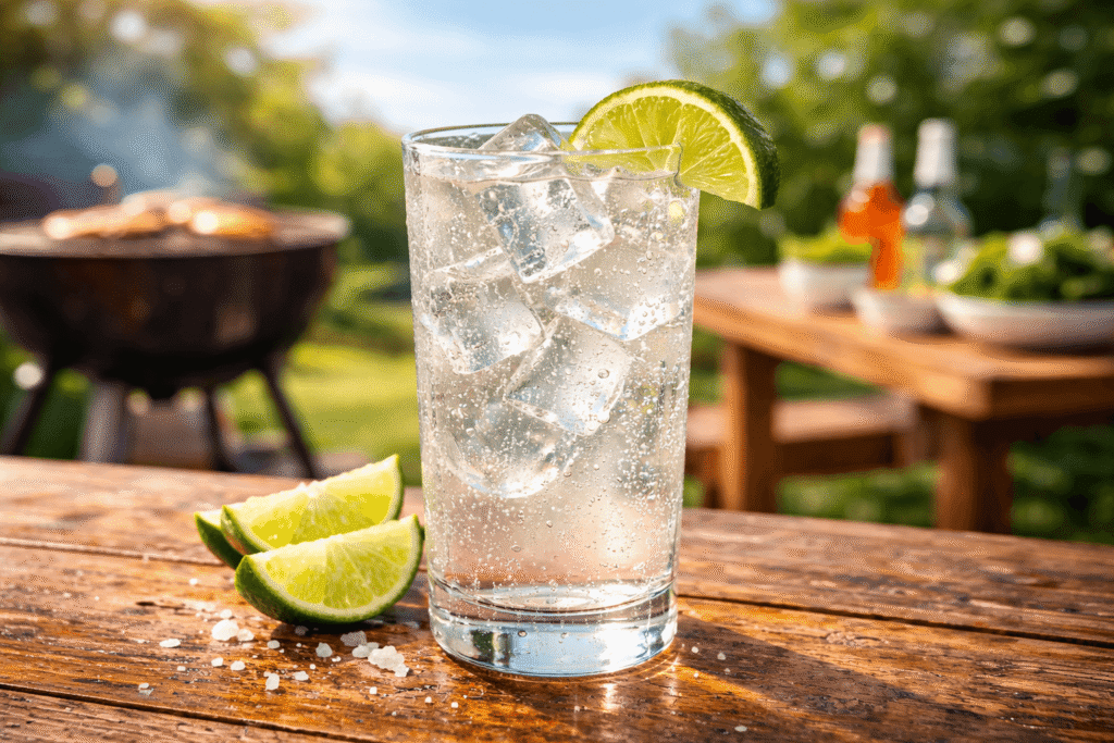 non alcoholic ranch water citrus drink with sparkling water being poured into glass with lime and orange slices