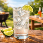 non alcoholic ranch water citrus drink with sparkling water being poured into glass with lime and orange slices