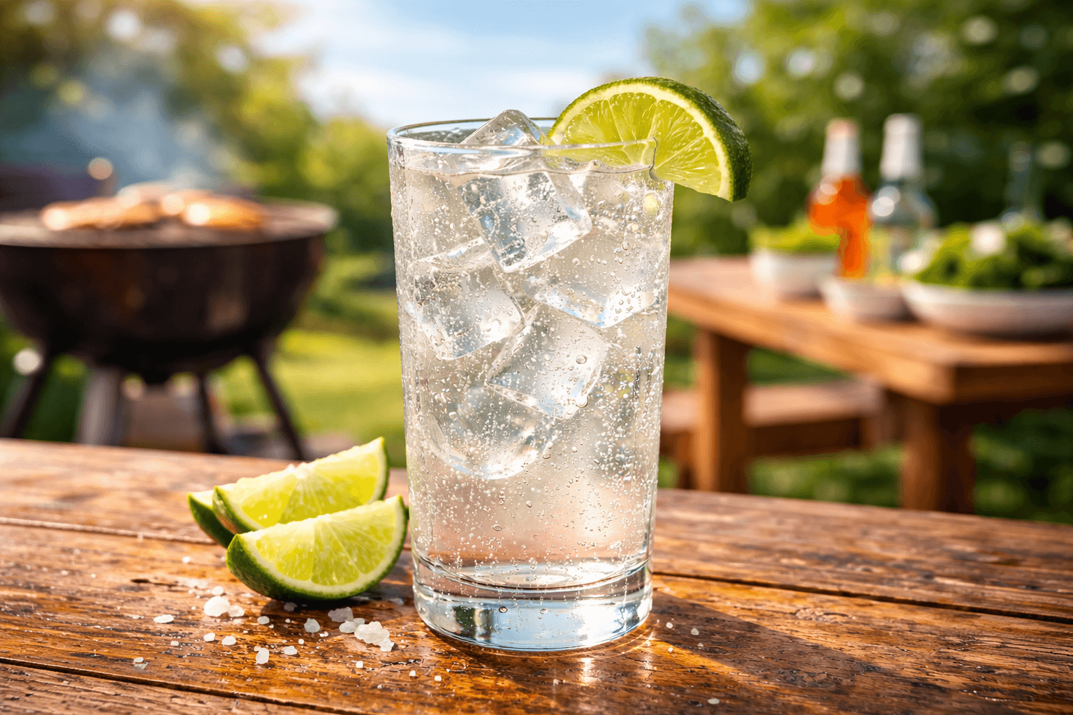 non alcoholic ranch water citrus drink with sparkling water being poured into glass with lime and orange slices