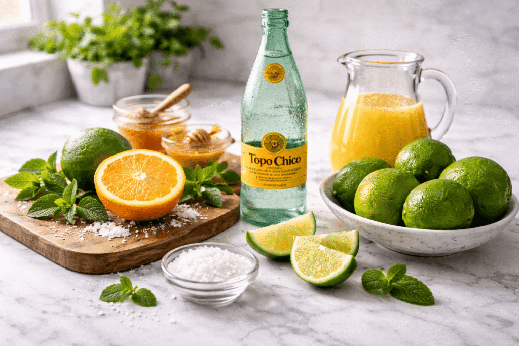 non alcoholic ranch water ingredients with lime orange honey mint and sparkling mineral water on marble countertop
