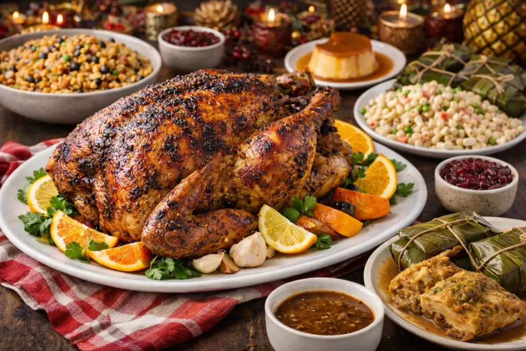 Puerto Rican style roasted turkey served on a festive holiday table with arroz con gandules, tostones and flan
