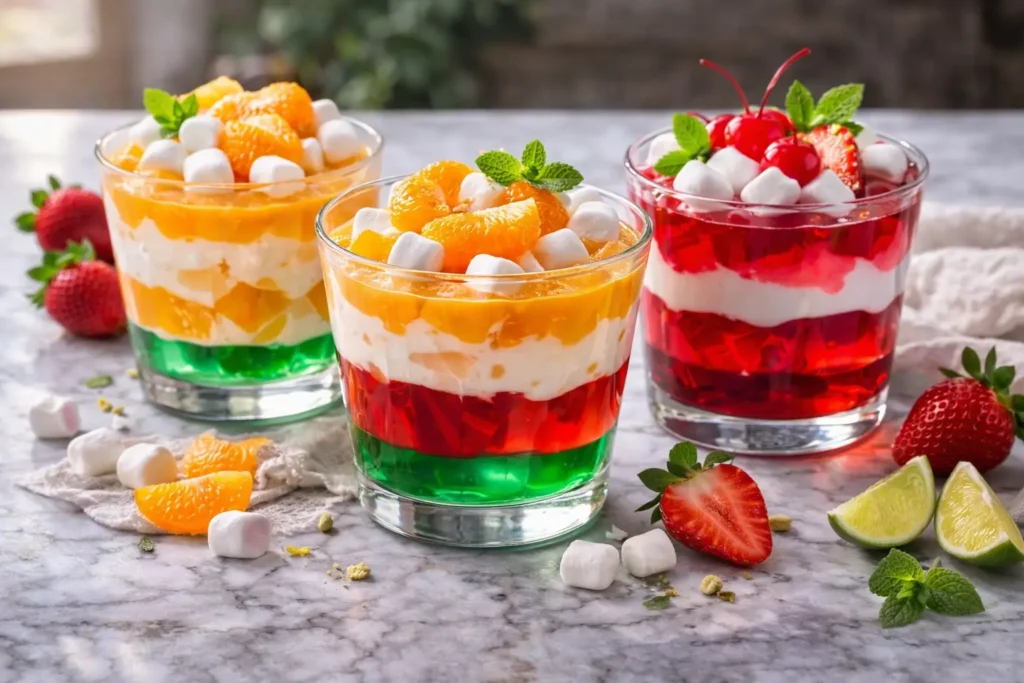 Rainbow layered jello and marshmallow trifle in glass bowl with mini dessert cups