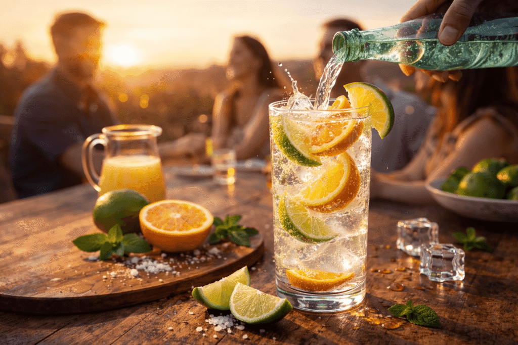 non alcoholic ranch water mocktail poured into citrus sparkling drink at sunset outdoor table with friends blurred background