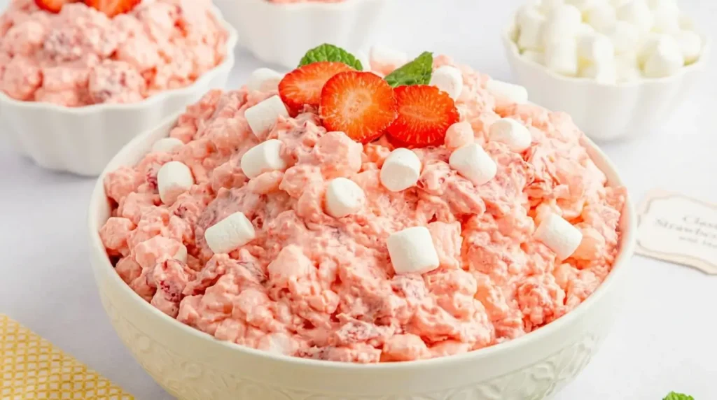 jello and marshmallow recipes classic strawberry fluff salad in white bowl