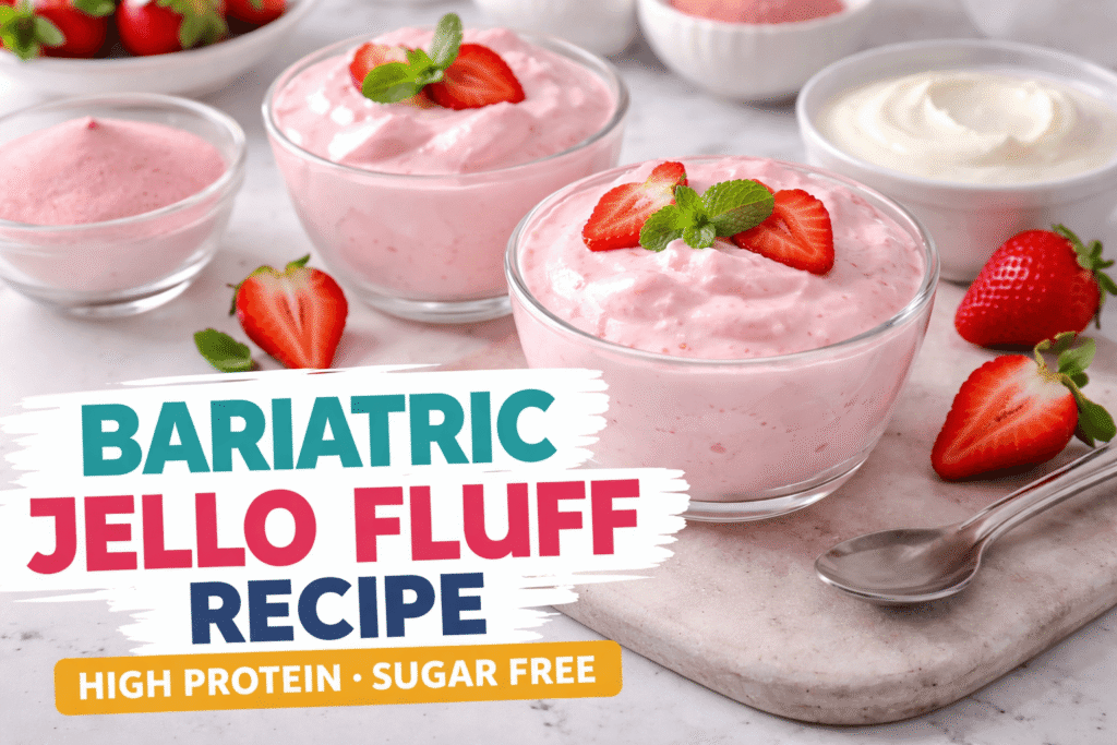 bariatric jello fluff recipe high protein sugar free strawberry dessert in glass bowls