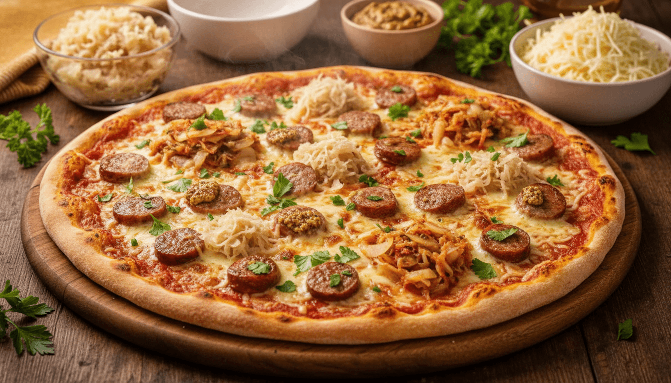 homemade bavarian pizza topped with bratwurst slices sauerkraut swiss cheese and mustard base on wooden board