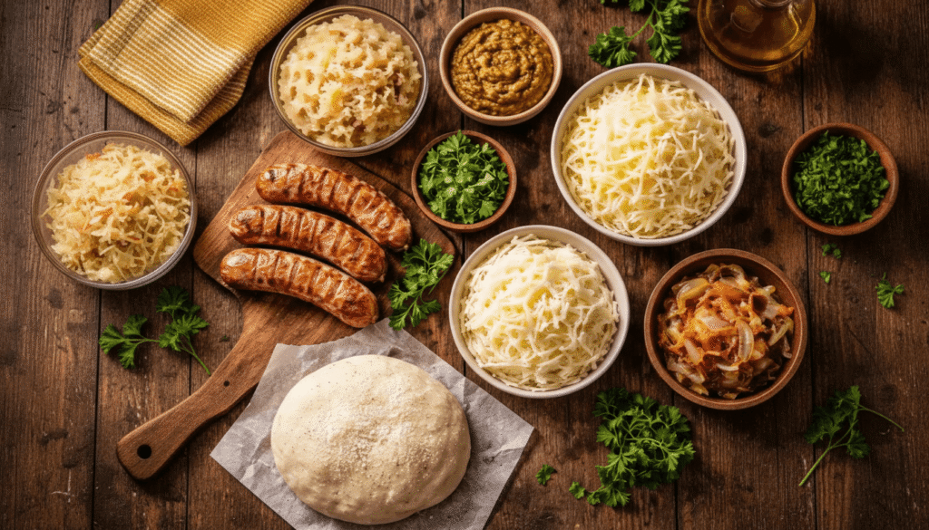 bavarian pizza ingredients flat lay with bratwurst pizza dough swiss cheese mustard and sauerkraut on rustic wooden table