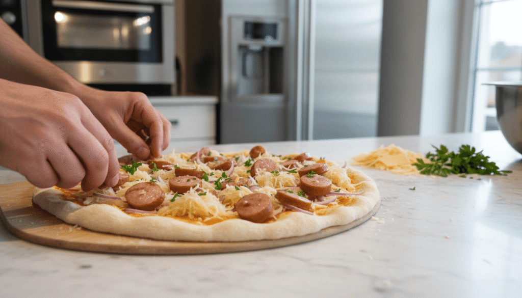 hands assembling bavarian pizza bratwurst toppings on dough in modern kitchen with white marble countertop