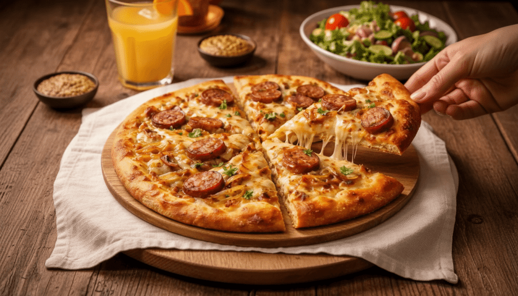 hand lifting slice of bavarian pizza with melted cheese stretch bratwurst topping and golden crust on wooden table