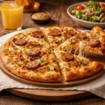 hand lifting slice of bavarian pizza with melted cheese stretch bratwurst topping and golden crust on wooden table