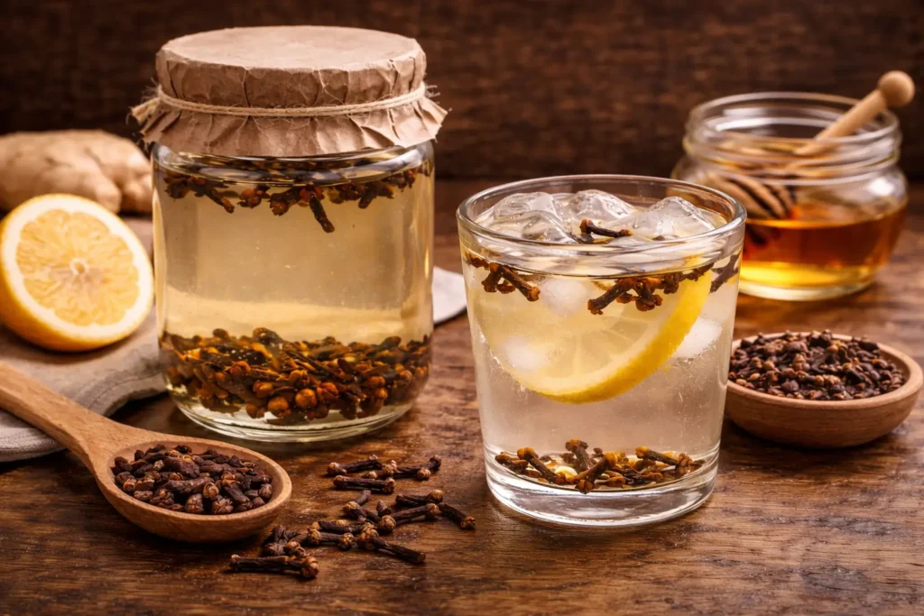 clove water infused method whole cloves soaking in water in glass jar and cup
