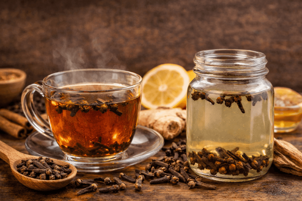 clove water recipe boiled and infused methods in glass cup and jar on rustic table