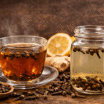 clove water recipe boiled and infused methods in glass cup and jar on rustic table