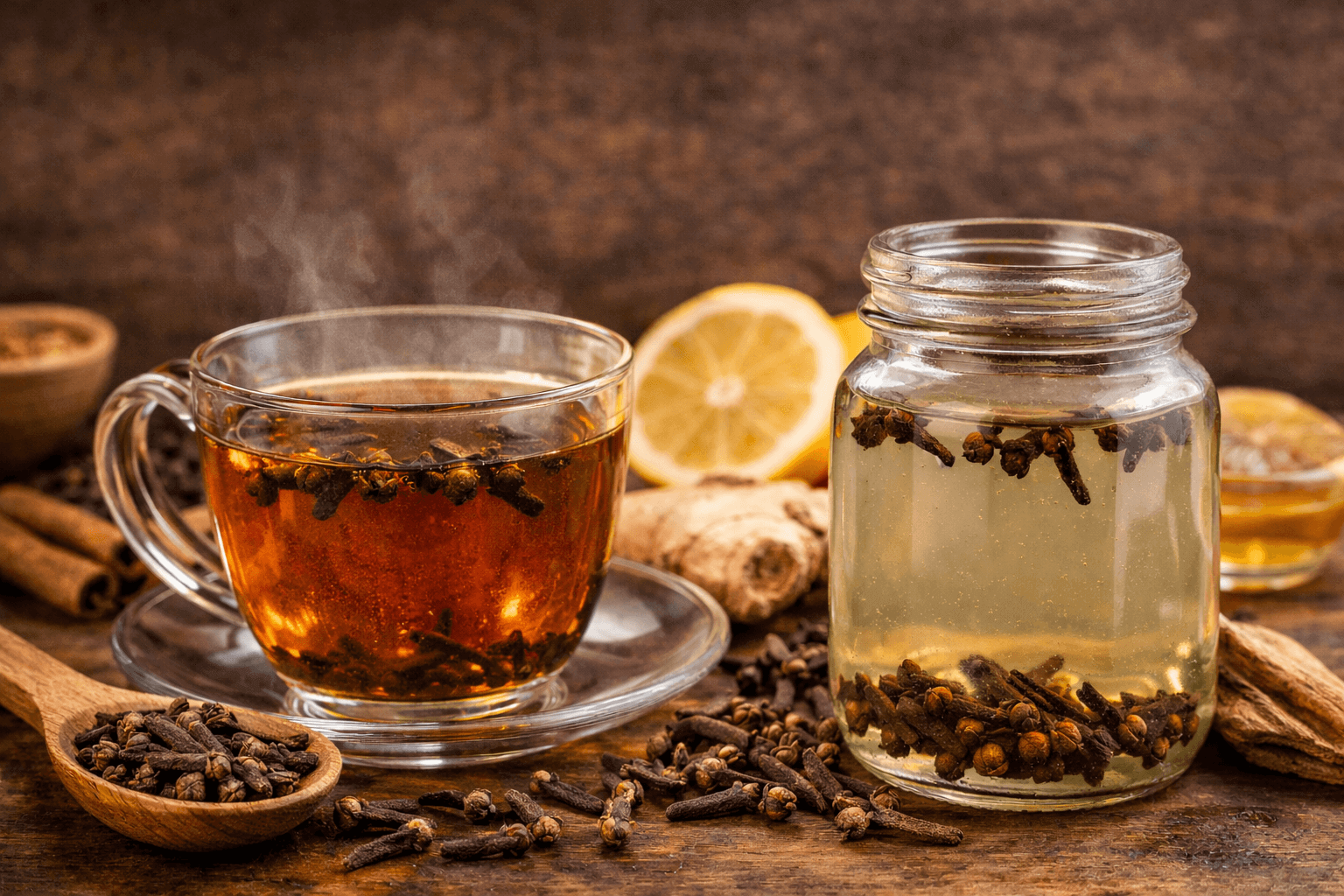 clove water recipe boiled and infused methods in glass cup and jar on rustic table