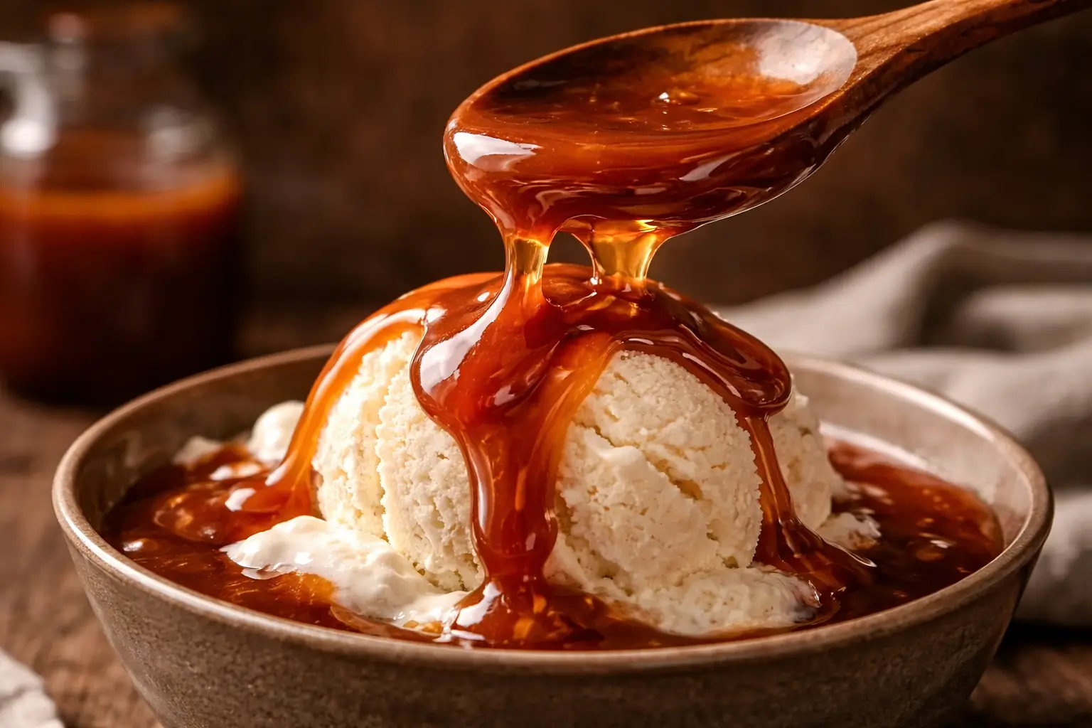 coconut sugar caramel sauce recipe no cream dripping from wooden spoon over vanilla ice cream