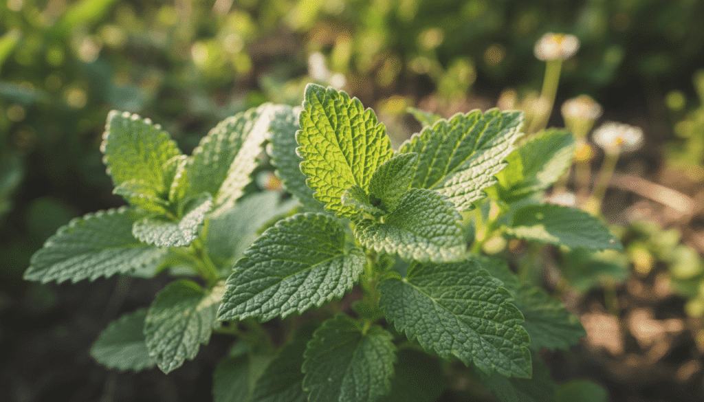 fresh lemon balm plant leaves growing outdoors natural herbal garden