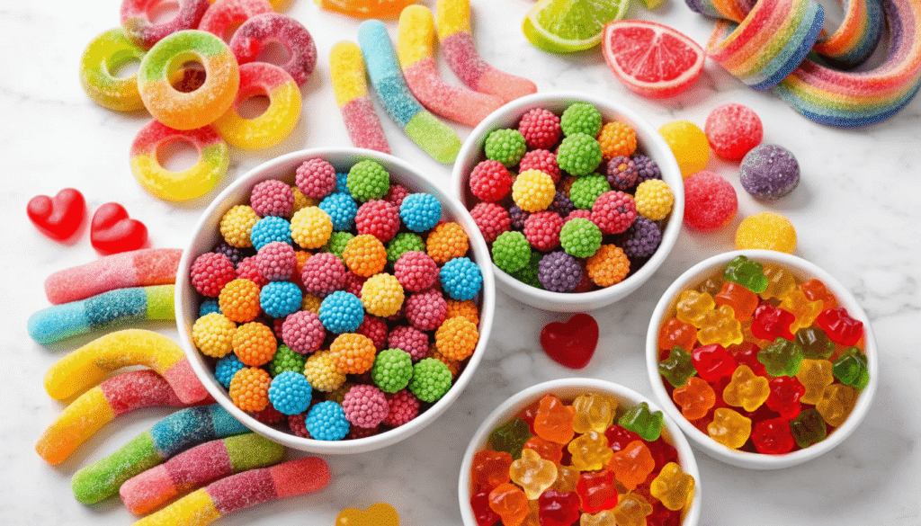 colorful chewy candy assortment showing gelatin free alternatives like sour chewy candy and fruit snacks