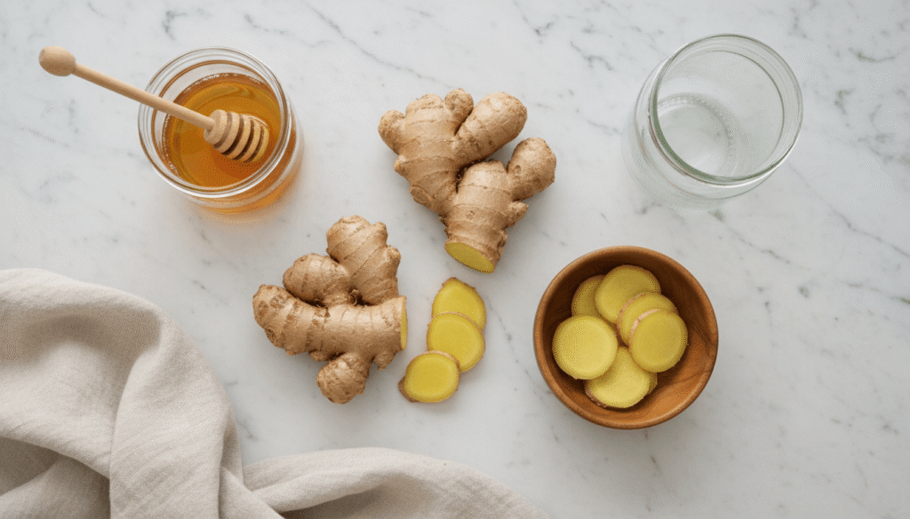 ginger bug recipe with honey ingredients flat lay