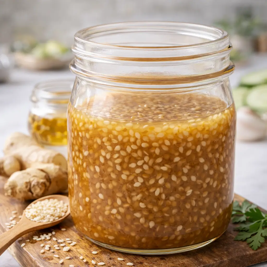 homemade sesame ginger dressing in glass jar with sesame seeds rice vinegar honey and fresh ginger