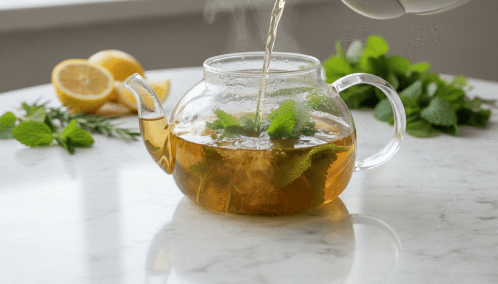 lemon balm herbal tea infusion in glass teapot with fresh leaves and lemon slices