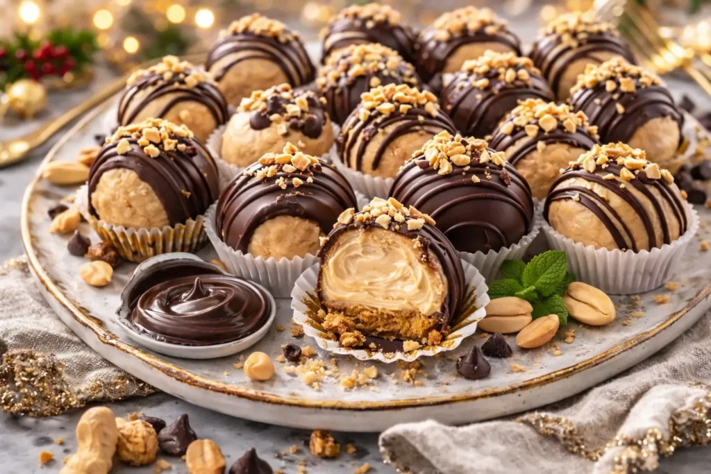 peanut butter cheesecake balls no bake dipped in dark chocolate with crushed peanuts on serving platter