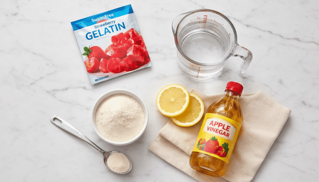 what are the 3 ingredients in the pink gelatin trick recipe flatlay