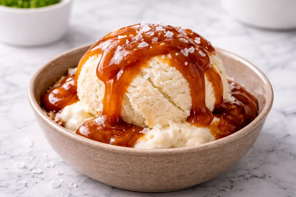 salted coconut sugar caramel sauce recipe over vanilla ice cream on white marble kitchen background