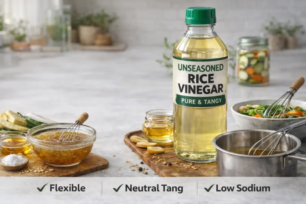 unseasoned rice vinegar bottle on white countertop with dressing bowl and whisk