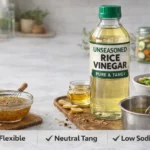 unseasoned rice vinegar bottle on white countertop with dressing bowl and whisk