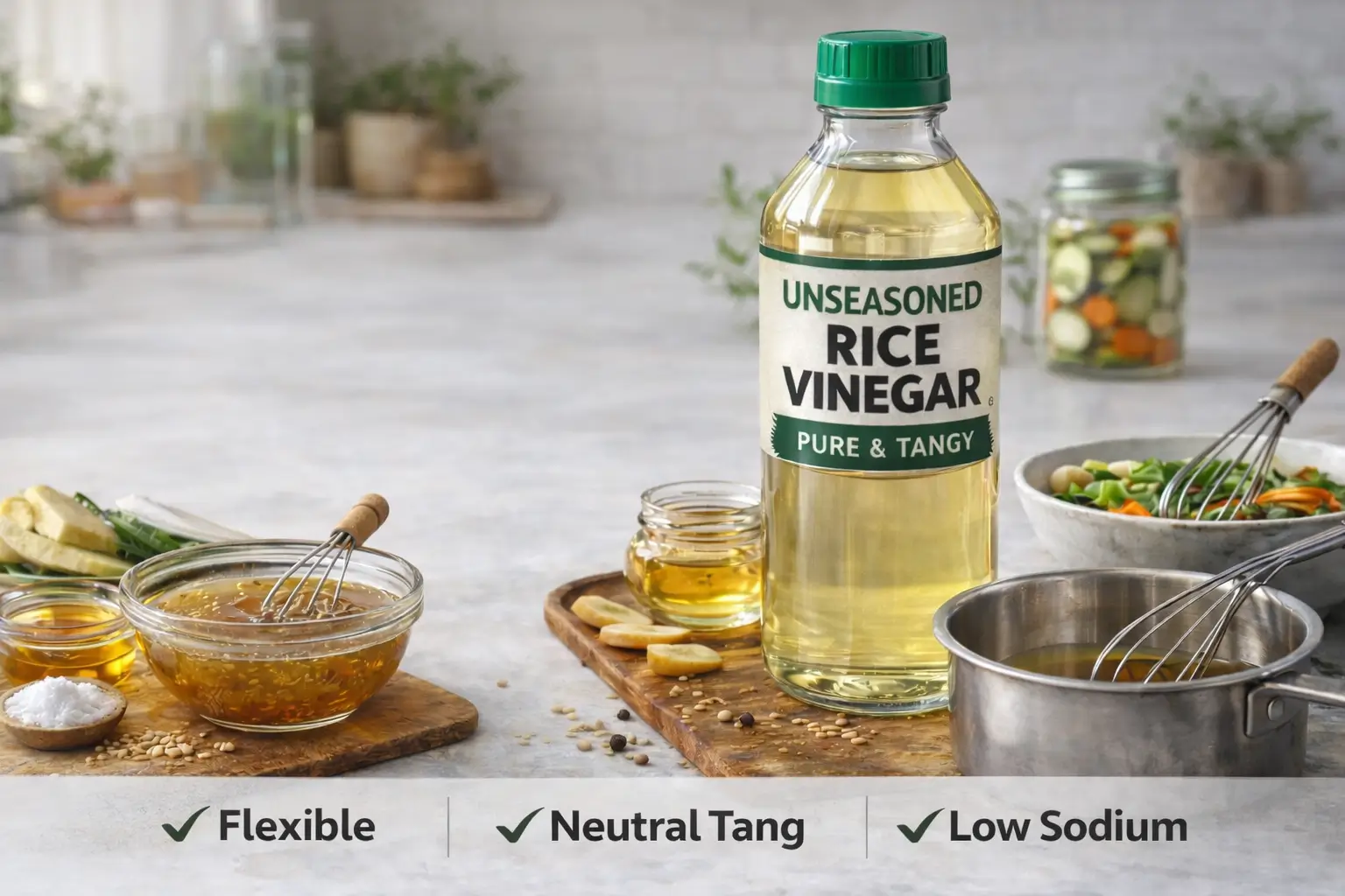 unseasoned rice vinegar bottle on white countertop with dressing bowl and whisk
