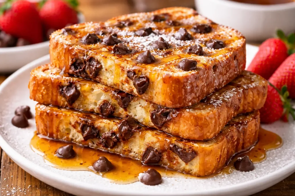 Chocolate chip French toast made with thick brioche slices, golden crust, melted chocolate chips, and maple syrup drizzle.