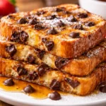 Chocolate chip French toast made with thick brioche slices, golden crust, melted chocolate chips, and maple syrup drizzle.