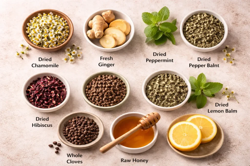 Herbal tea ingredients including chamomile ginger peppermint hibiscus honey and lemon
