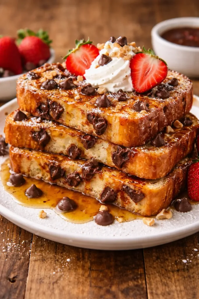 Chocolate chip French toast stacked with whipped cream, strawberries, maple syrup drizzle, powdered sugar, and toasted nuts.