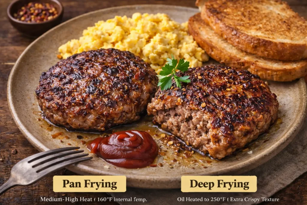Deep hamburger beef sausage patties served on a ceramic plate with scrambled eggs and toasted bread