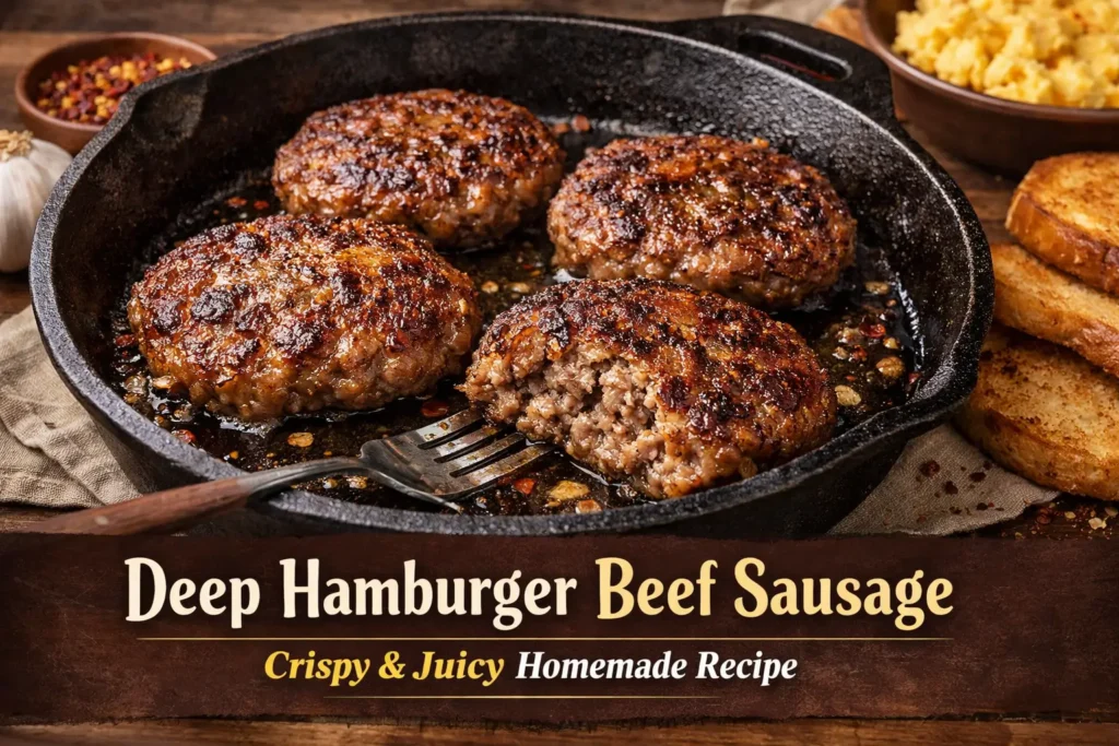 Horizontal featured image of deep hamburger beef sausage patties cooked in a cast iron skillet with crispy edges and juicy centers. Ideal for breakfast sausage recipes and homemade ground beef sausage guides.
