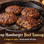 Horizontal featured image of deep hamburger beef sausage patties cooked in a cast iron skillet with crispy edges and juicy centers. Ideal for breakfast sausage recipes and homemade ground beef sausage guides.