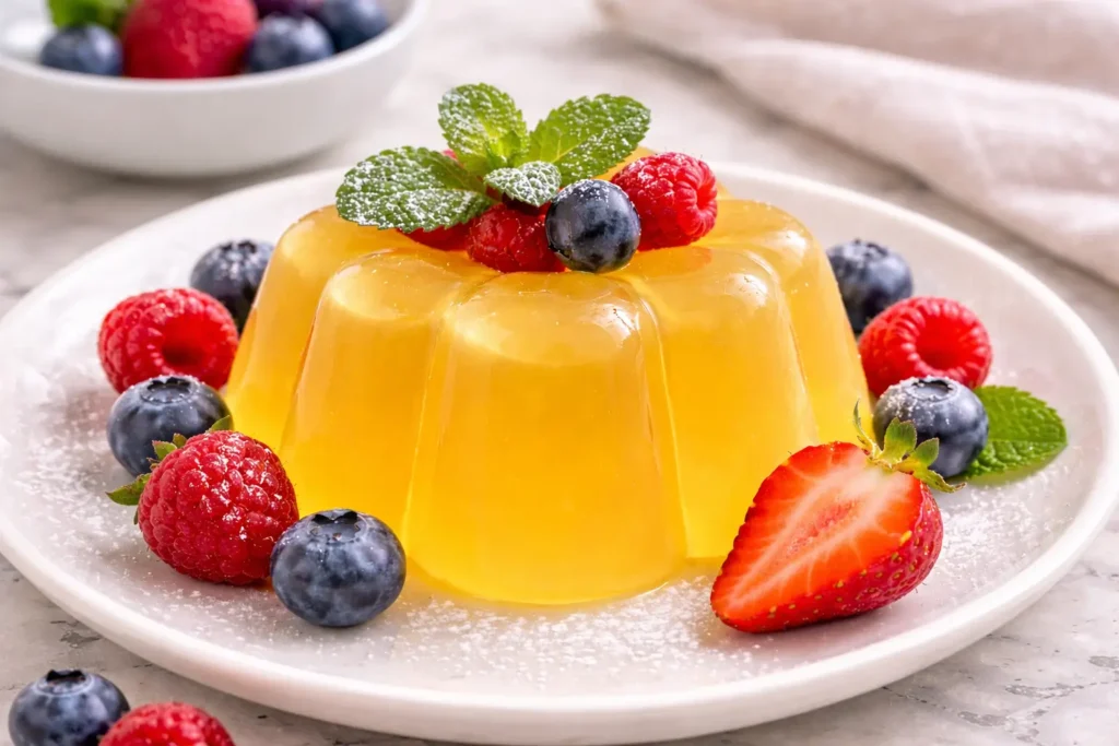 lemon gelatin dessert on white plate with strawberries blueberries raspberries and fresh mint