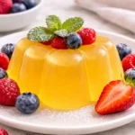 lemon gelatin dessert on white plate with strawberries blueberries raspberries and fresh mint