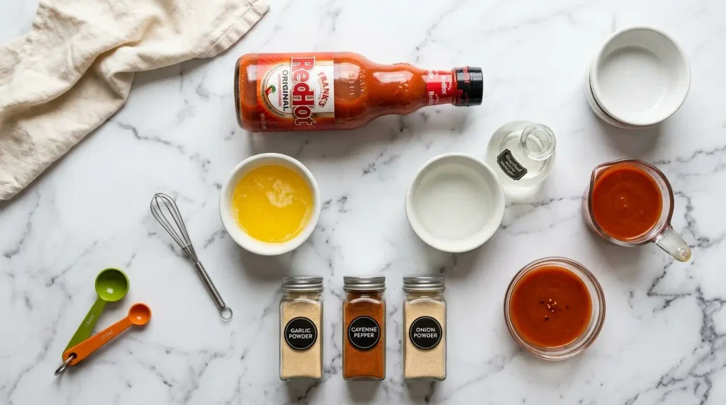 ingredients for pizza hut style buffalo wing sauce including franks redhot butter vinegar garlic powder cayenne and onion powder on marble counter