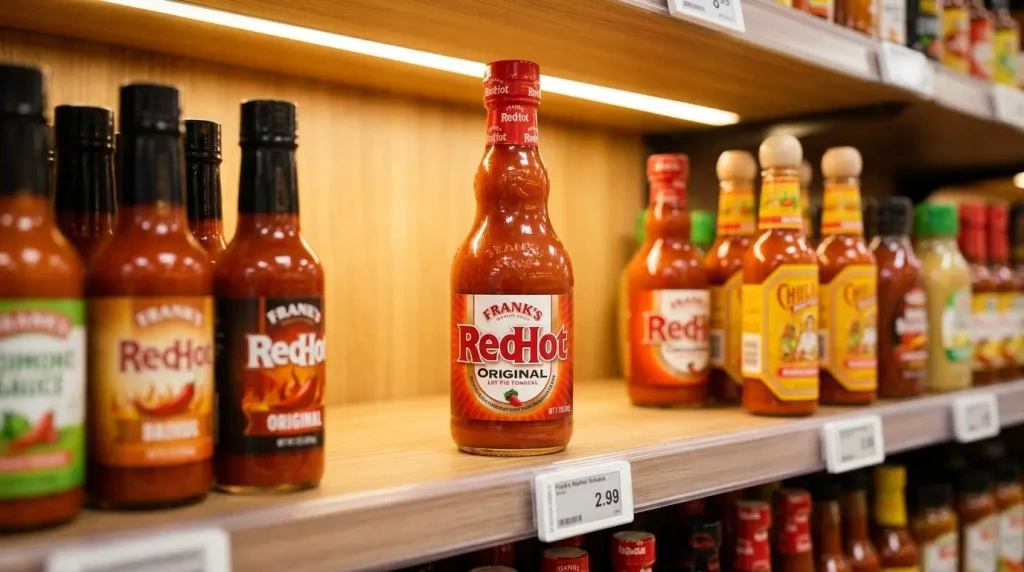 Frank's RedHot buffalo wing sauce bottle on grocery store shelf