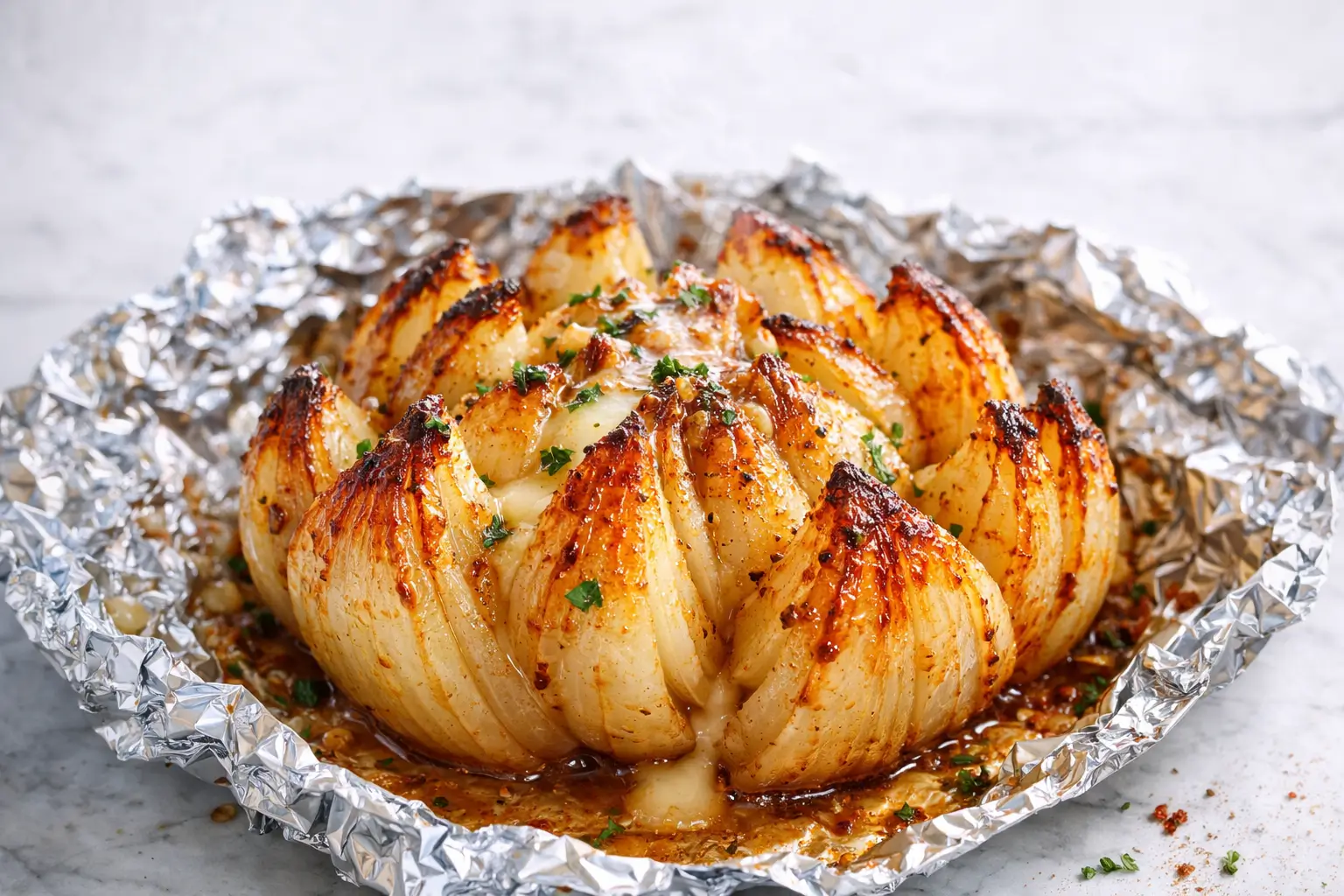 air fryer onion boil whole roasted onion with butter caramelized layers on foil