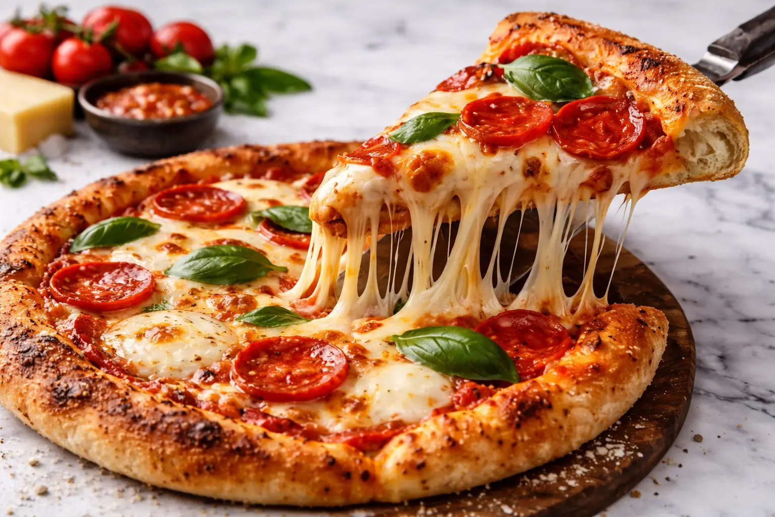 Cheesy pepperoni pizza slice with stretchy melted mozzarella and crispy golden crust