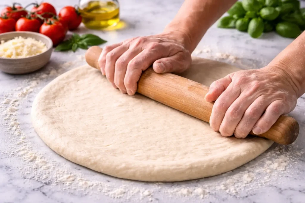 Rolling pizza dough on marble surface with wooden rolling pin and fresh ingredients in background