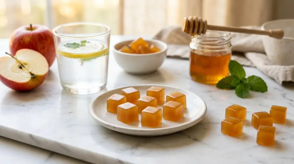 apple cider vinegar gummies recipe for weight loss with honey and fresh apples on white marble