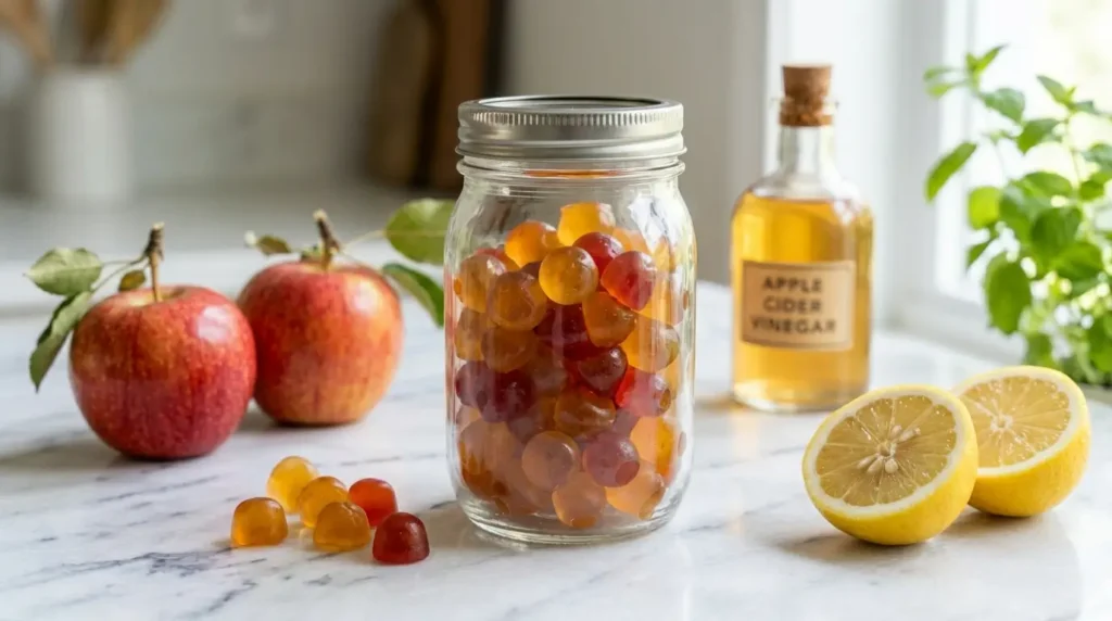  glass mason jar filled with homemade apple cider vinegar gummies with red apples and lemon on white marble